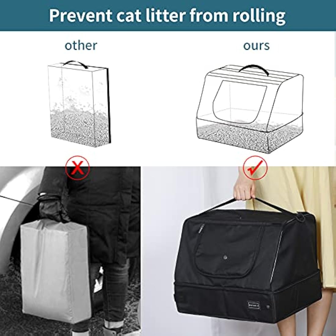 Petsfit Portable Cat Litter Box – Leak-Proof Collapsible Travel Box, Black