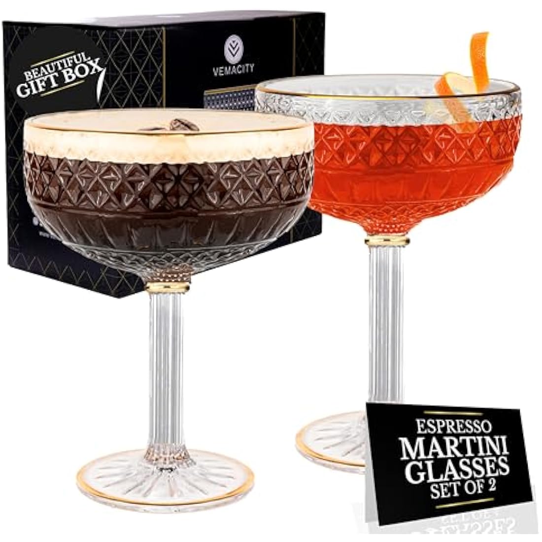 Vemacity Art Deco Crystal Coupe Glasses - Set of 2 Martini Glasses with Gold Rim