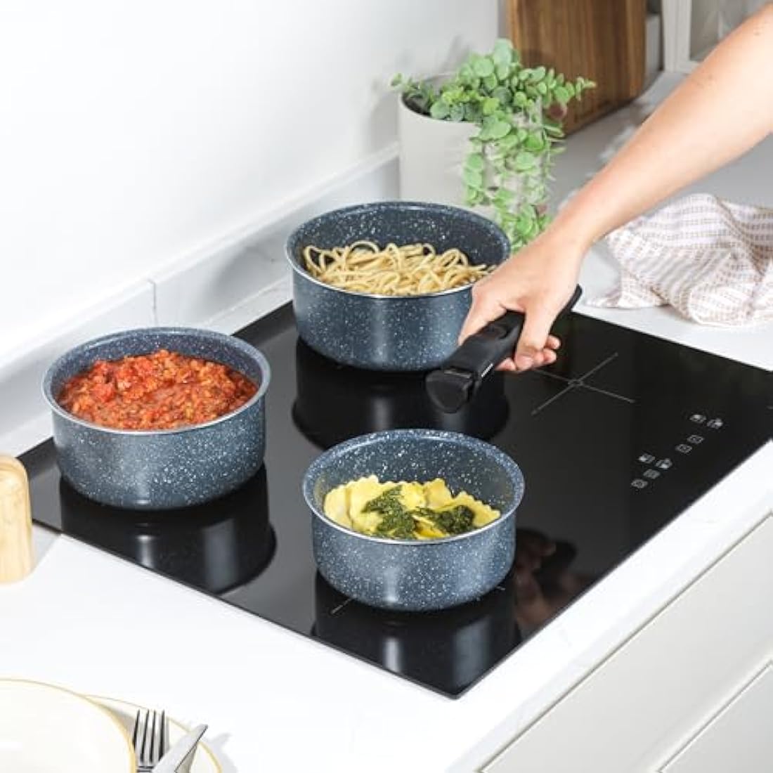 Russell Hobbs Nightfall Stone 3-Piece Non-Stick Stackable Saucepan Set