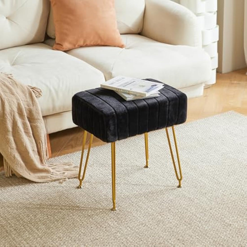 IBUYKE Velvet Rectangular Vanity Stool – Modern Ottoman with Gold Legs