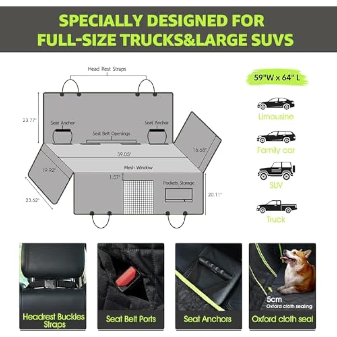 Nzonpet XL Dog Back Seat Cover for Trucks – Waterproof Hammock, Green