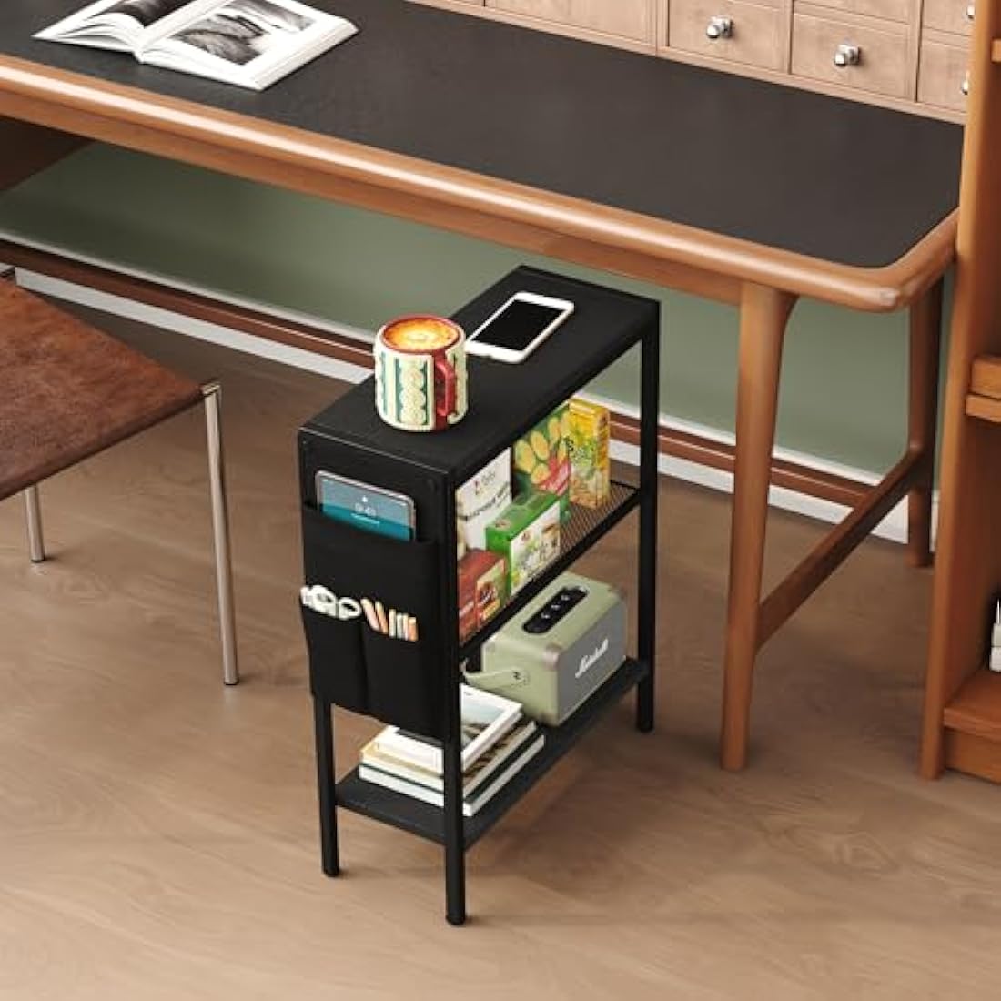 Yusong Narrow End Table | 3-Tier Slim Side Table with Storage, Black Oak