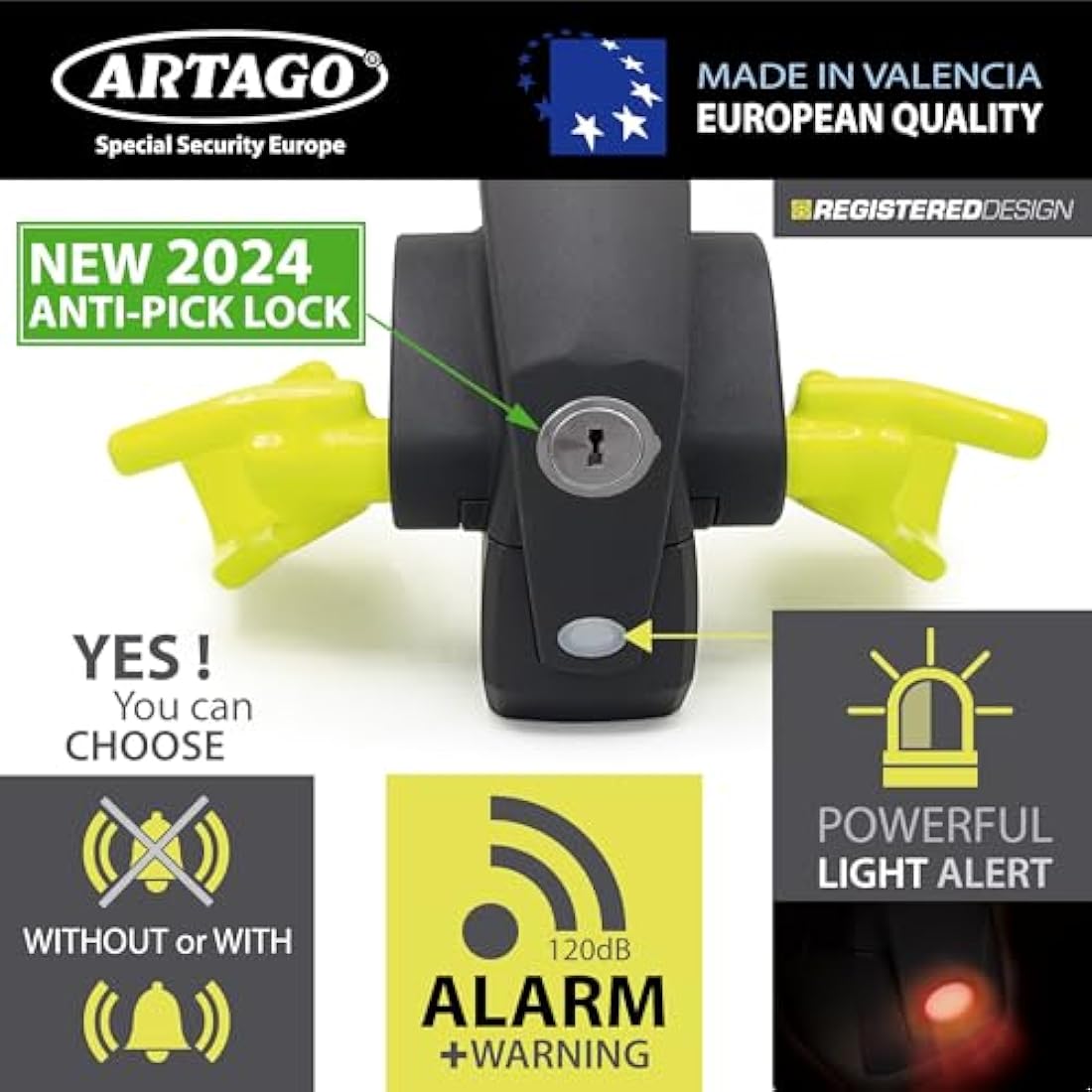 ARTAGO 870 Steering Wheel Lock – 120dB Alarm & Pre-Alarm Anti-Theft