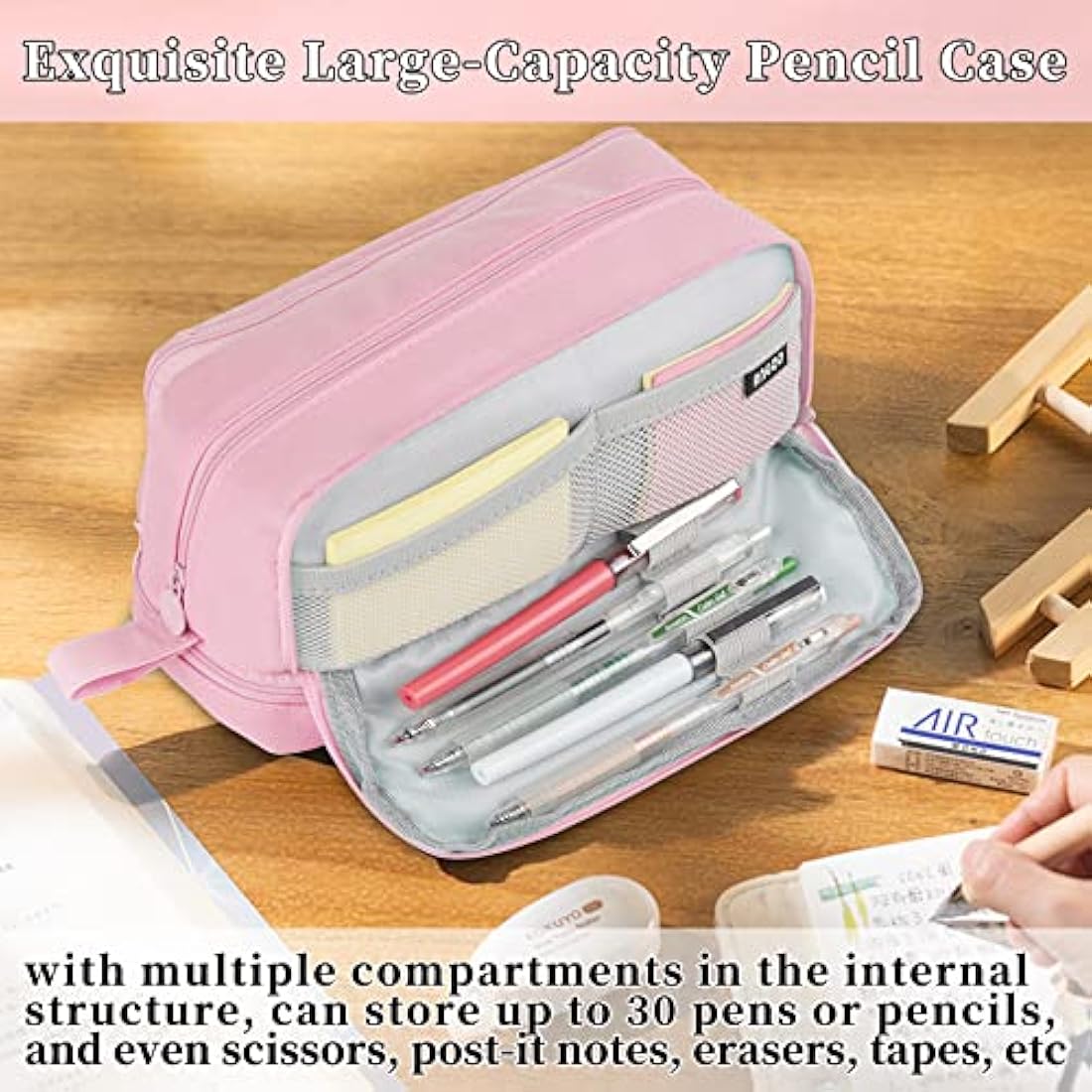 Tesmien Large Pencil Case | 4-Compartment Canvas Stationery Bag - Pink