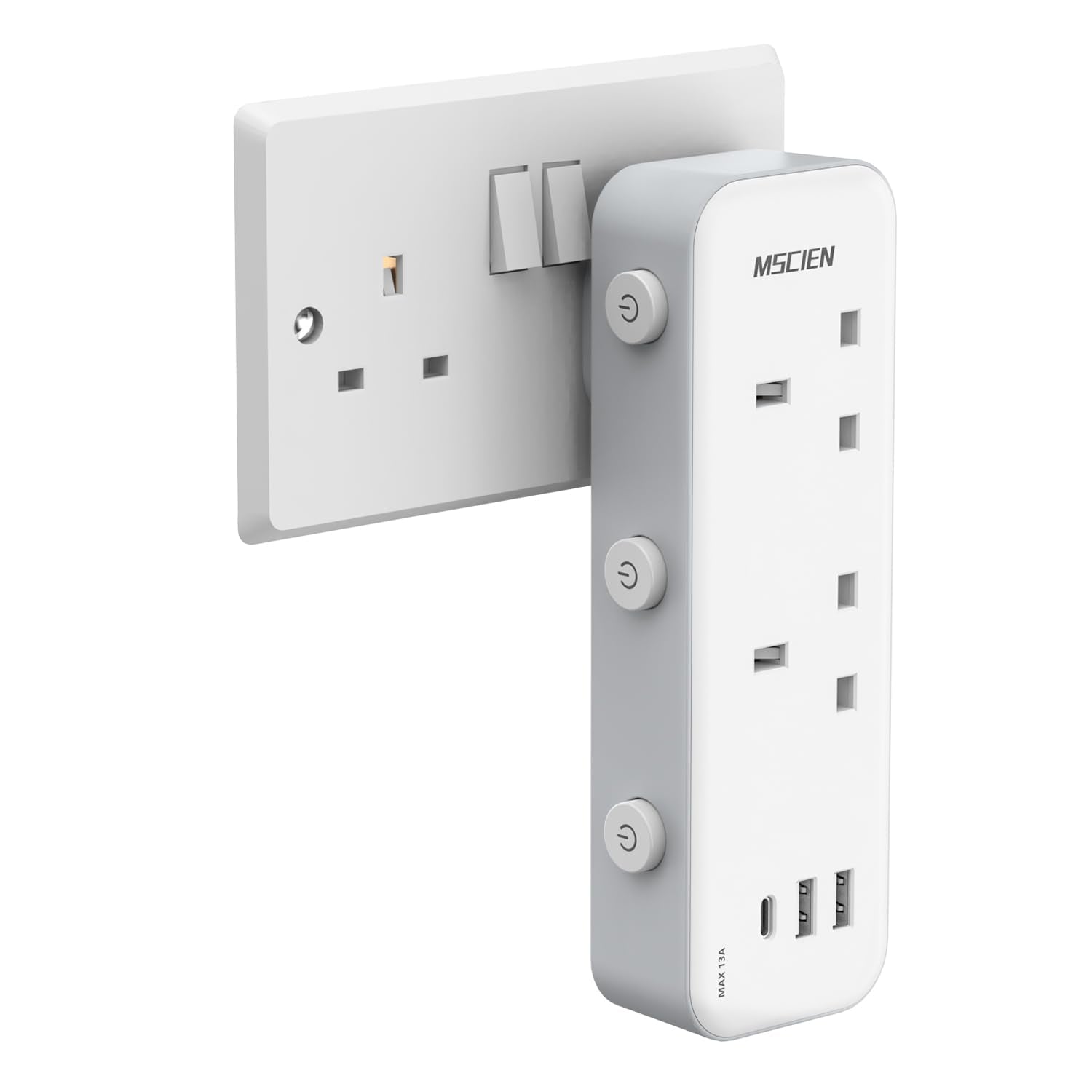 MSCIEN Double Plug Adaptor with USB-C & USB-A | Switched Multi Plug
