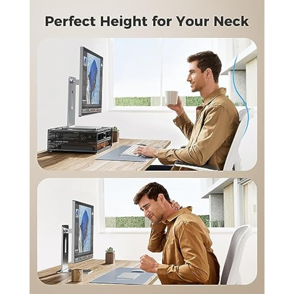 HUANUO Monitor Stand Riser with 2 Storage Drawers | Metal Mesh Desk Organizer