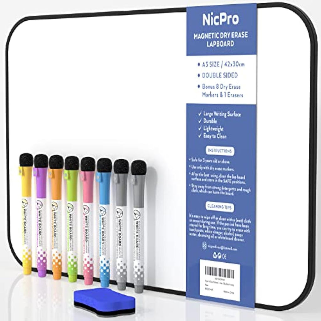 Nicpro Magnetic Dry Erase Whiteboard A3 | Double Sided Board with 8 Pens