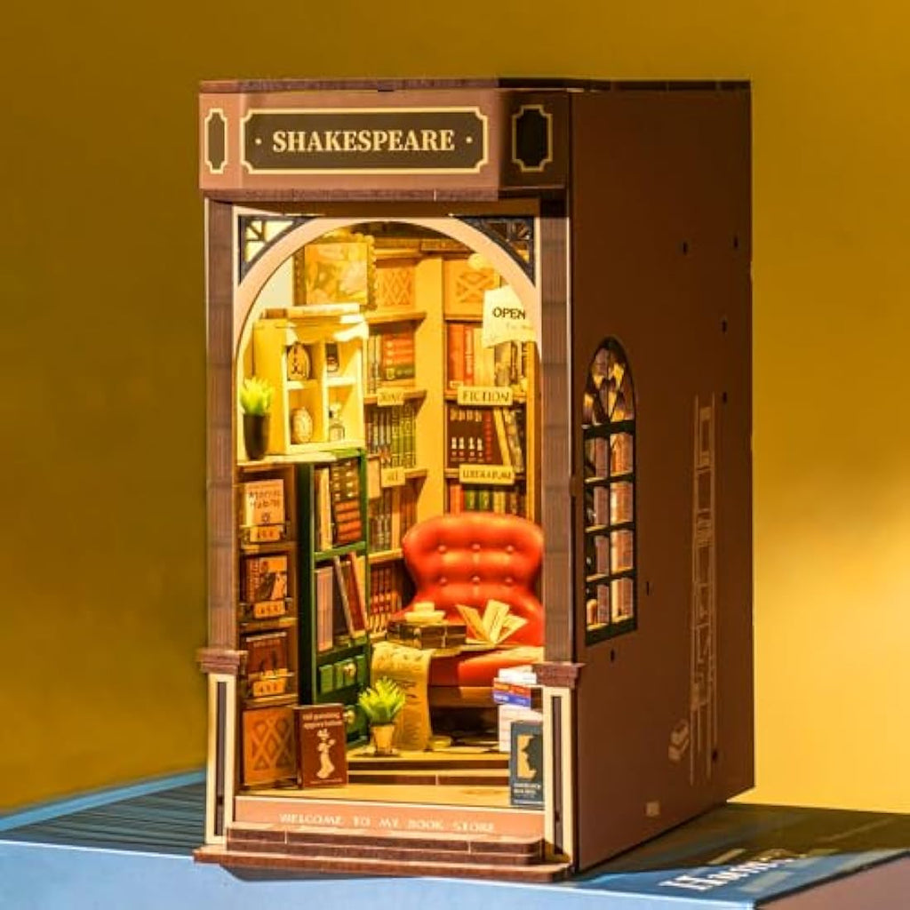 ROBOTIME Shakespeare Bookstore Book Nook Kit – 3D Wooden Puzzle with LED