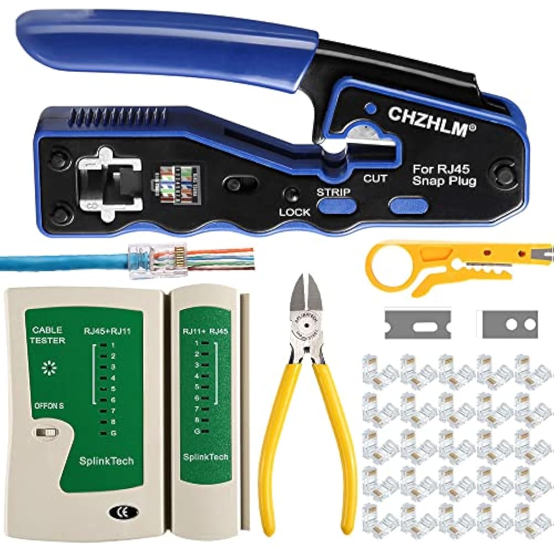CHZHLM RJ45 Pass Through Crimp Tool Kit for Cat6 Cat5e with 50 Connectors