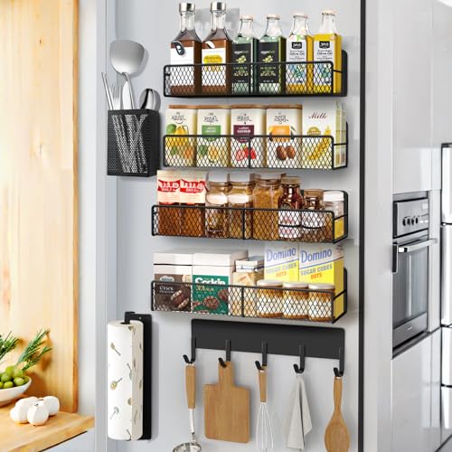 Kmise 7-Piece Magnetic Spice Rack Organizer for Fridge with Towel Holder