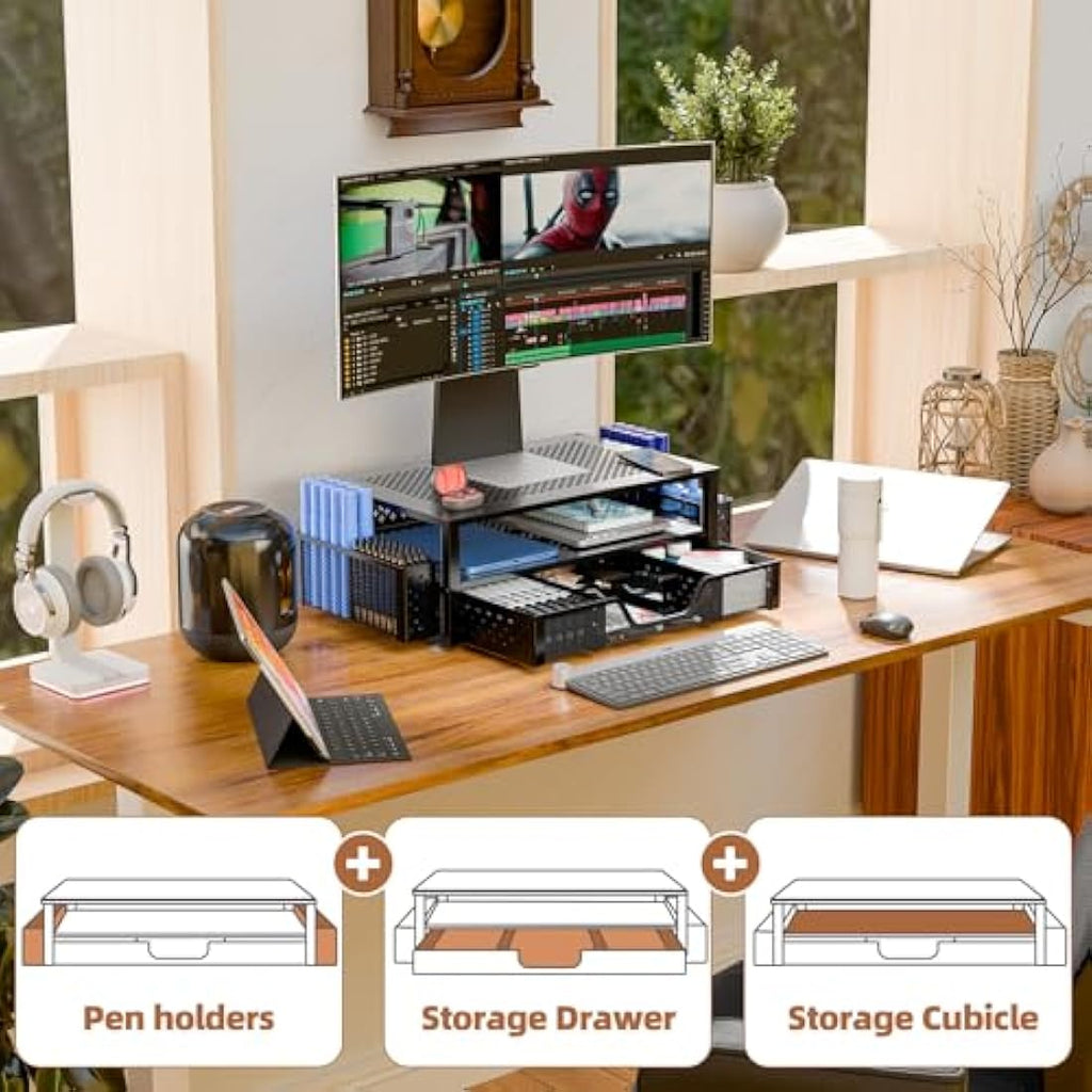 Jolof Store 2-Tier Metal Monitor Riser with Drawer and Pen Holder