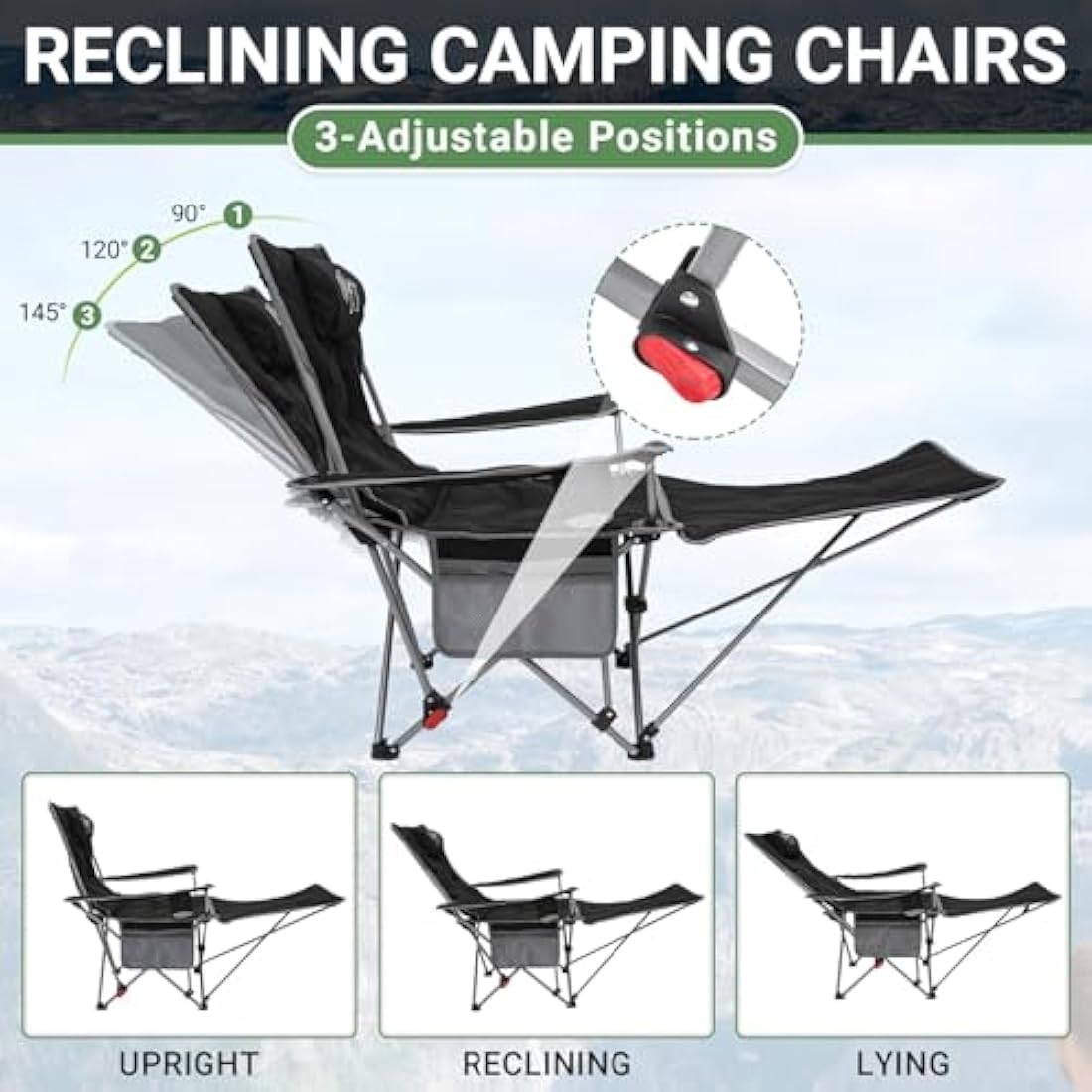 #WEJOY Folding Reclining Camping Chairs with Footrest, Black, Set of 2