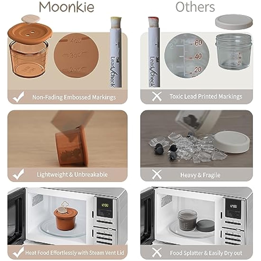 Moonkie Silicone Baby Food Storage Containers | 6 Pack Leakproof Pots