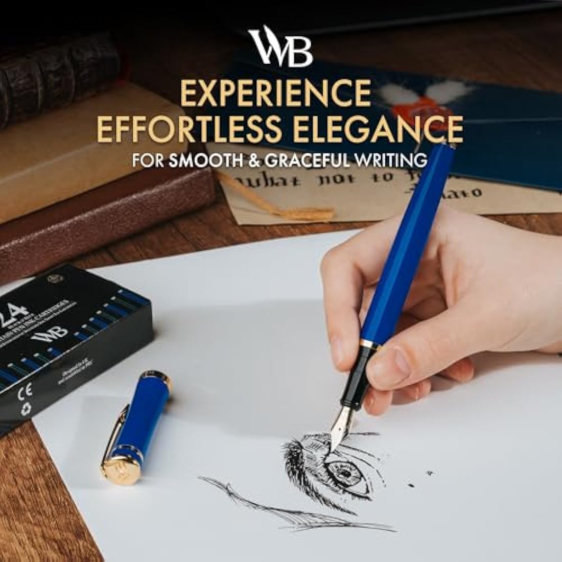 Wordsworth & Black Imperial Blue Fountain Pen Set - 18K Gilded EF Nib