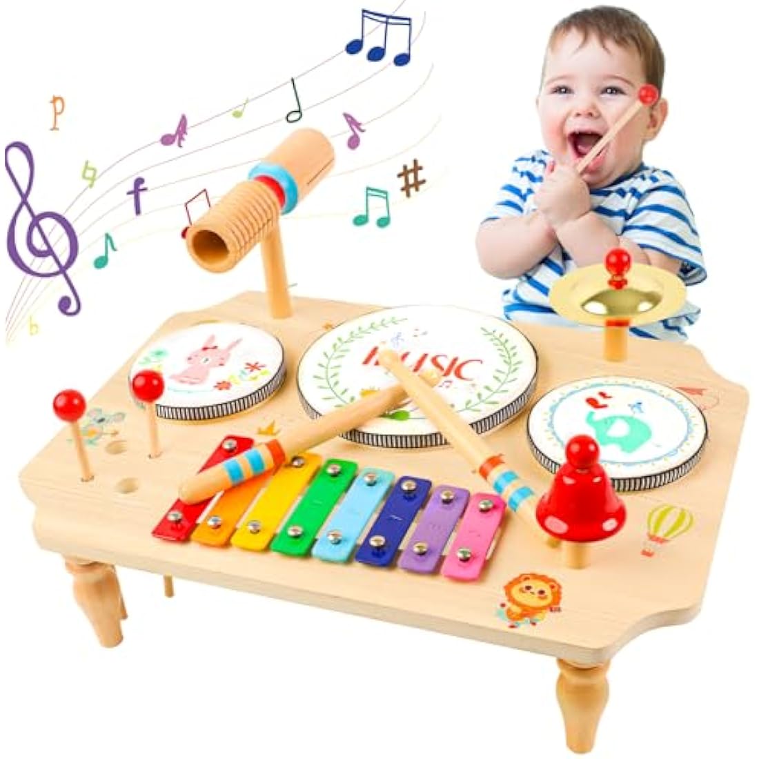 Jolof Store Wooden Kids Drum Kit | 11-in-1 Montessori Musical Toy Set