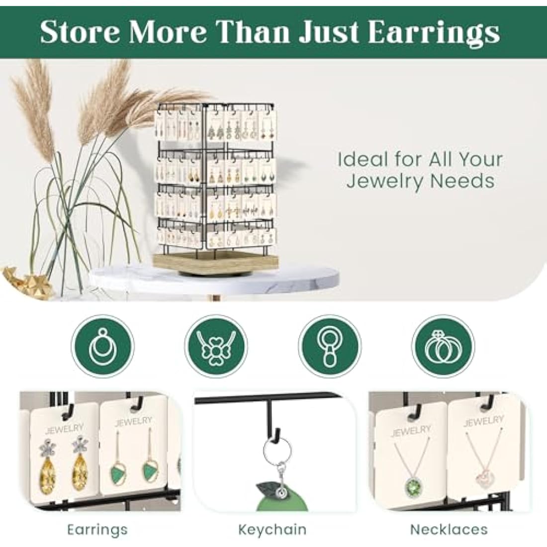 EsLuker.ly Rotating Earring Display Stand | 64 Hook Jewelry Rack with Wood Base