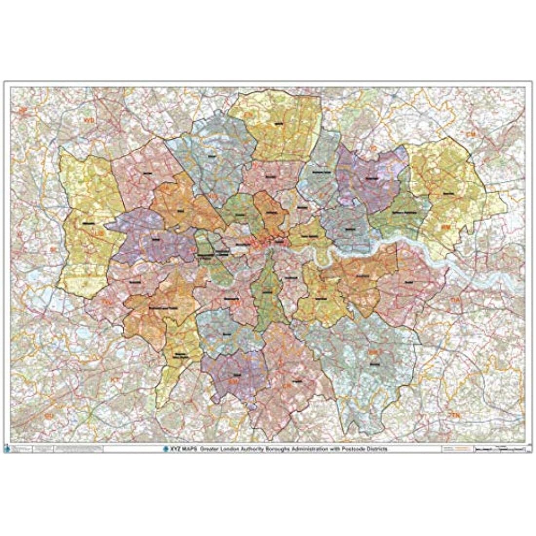 London Boroughs & Postcode Districts Laminated Wall Map
