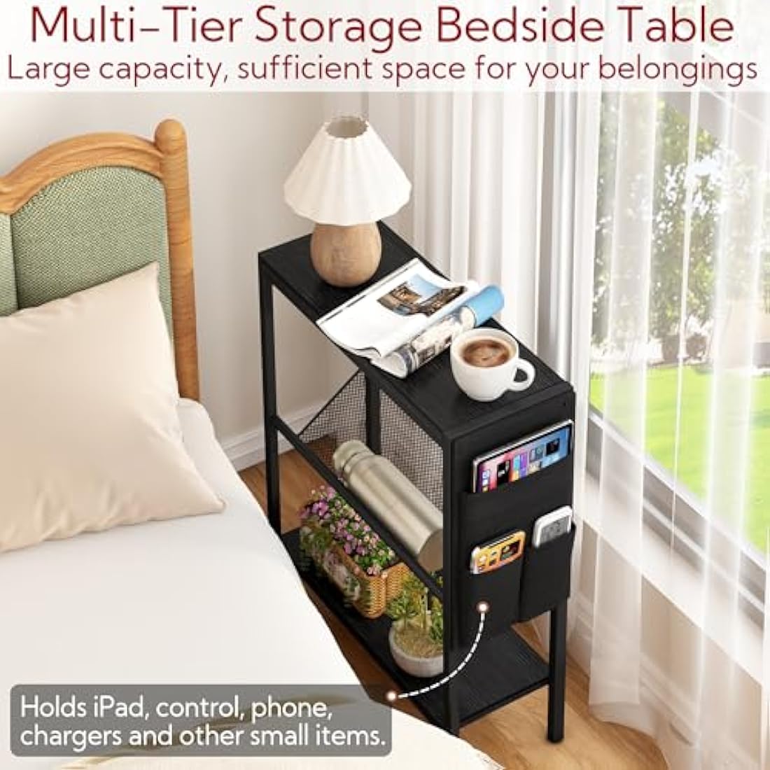 Yusong Narrow End Table | 3-Tier Slim Side Table with Storage, Black Oak