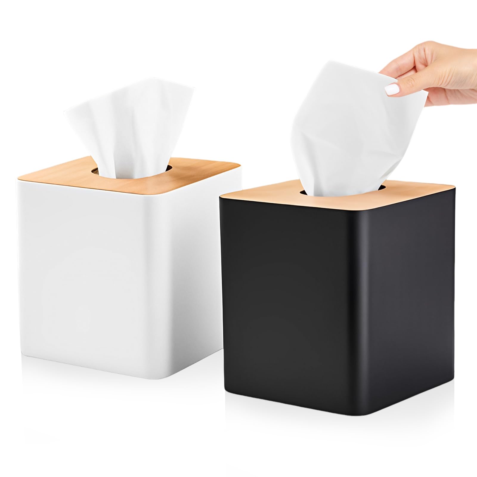 RETON 2-Pack Square Tissue Box Cover with Bamboo Lid – Black & White