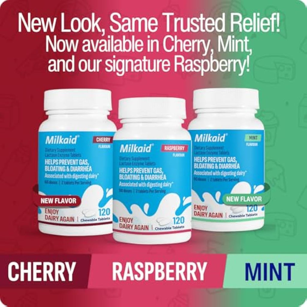 Milkaid Lactase Enzyme Chewable Tablets - Raspberry Flavor - 120 Count