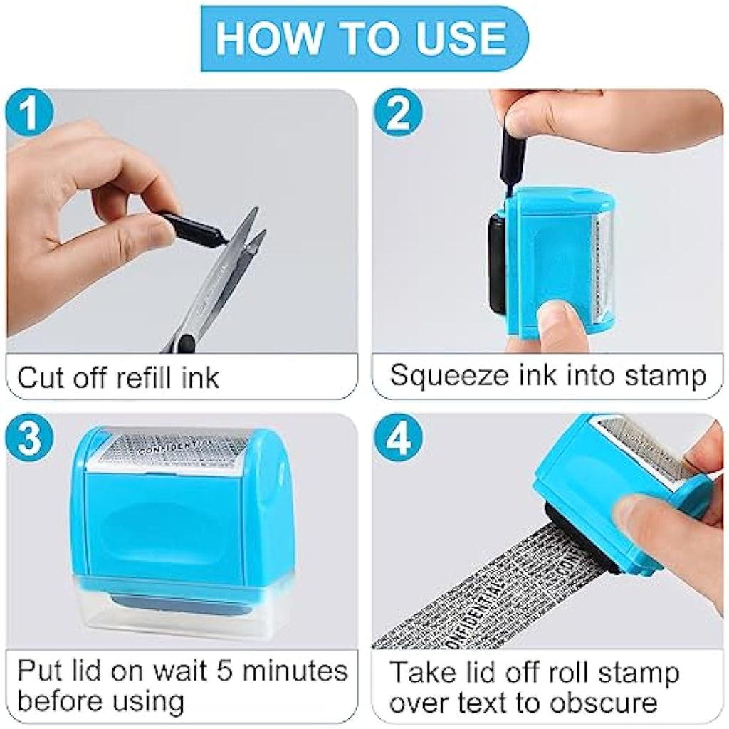 Identity Theft Protection Roller Stamp with 3 Refills – Blue