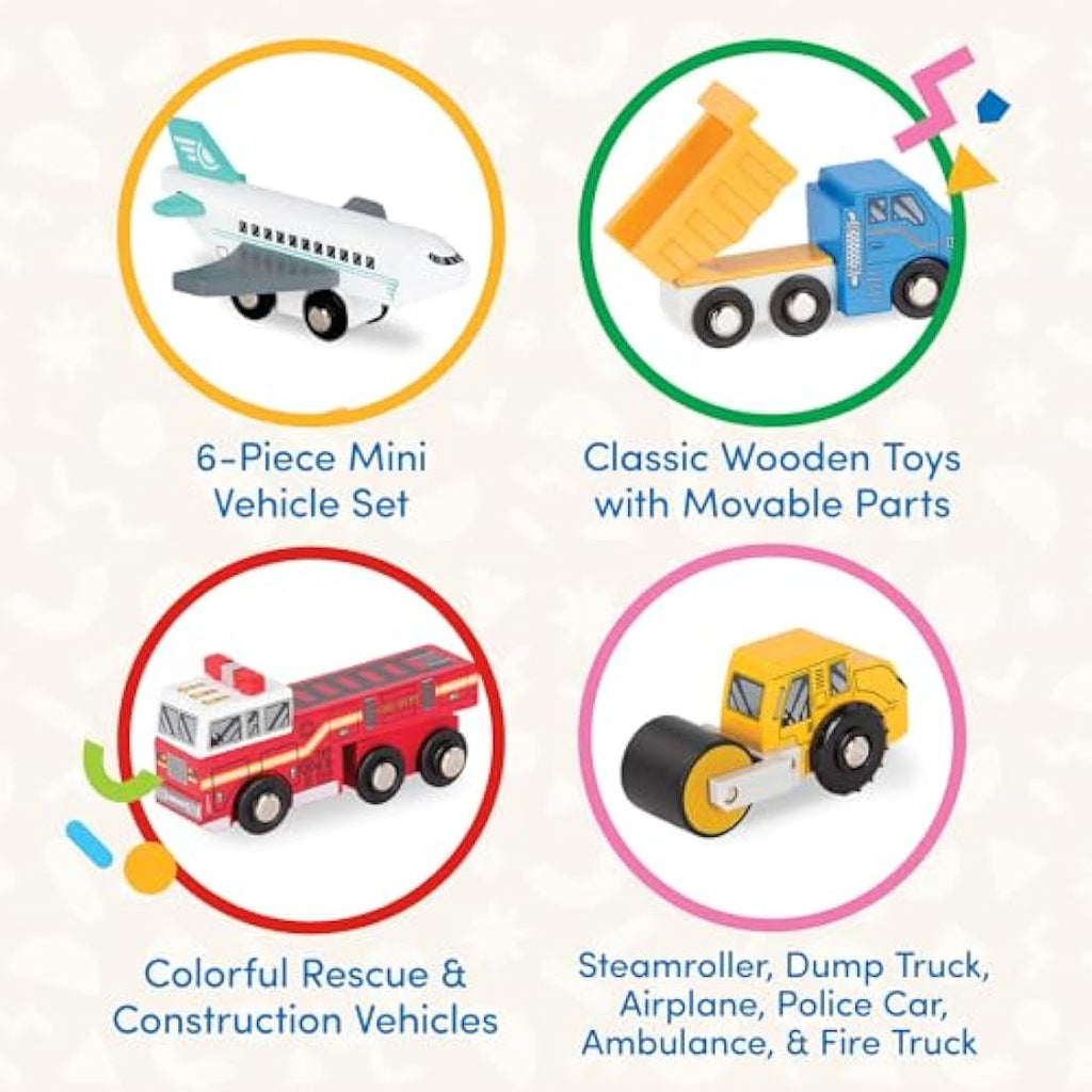 Battat Wooden Toy Cars Set – 6 Piece Rescue & Construction Vehicles