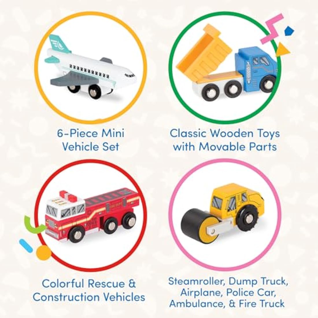 Battat Wooden Toy Cars Set – 6 Piece Rescue & Construction Vehicles