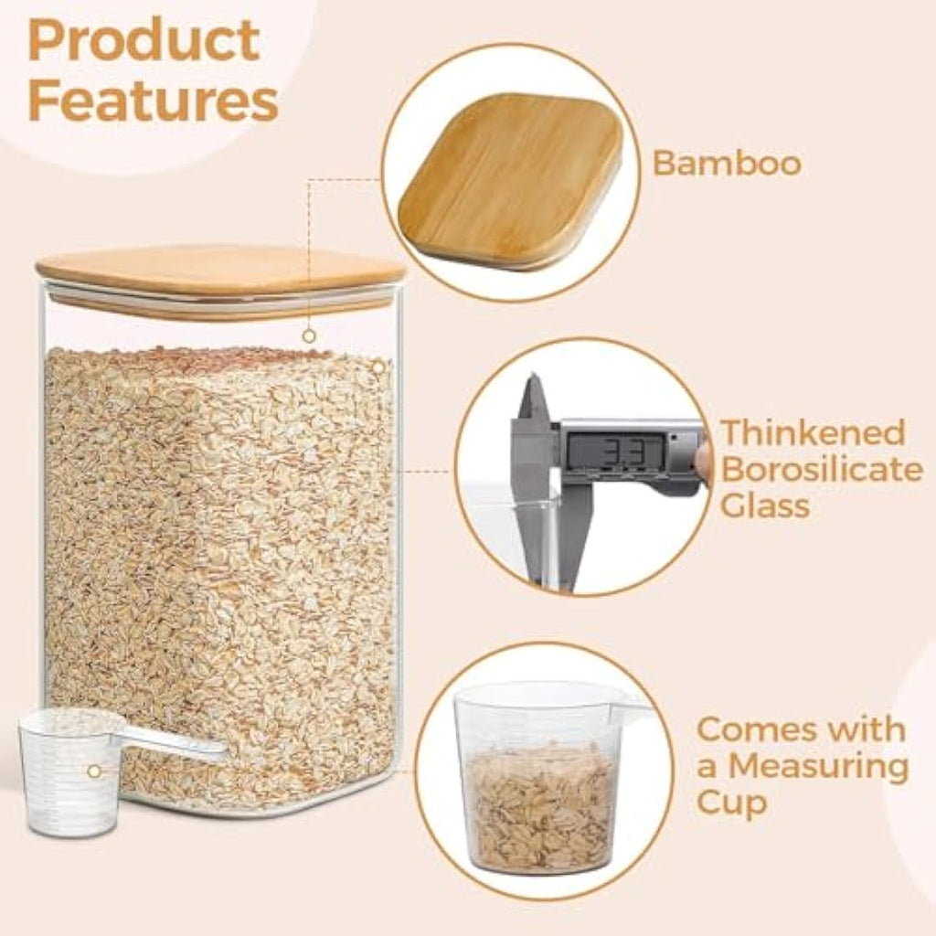 ComSaf Airtight Glass Pantry Storage Containers with Bamboo Lids, 2 Pack