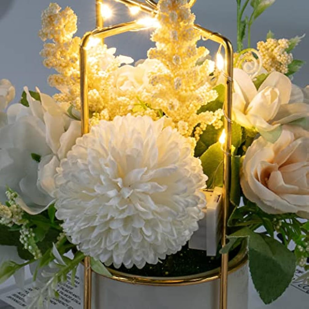 BEGONDIS Set of 2 LED Artificial White Flowers with Pots for Home Decor