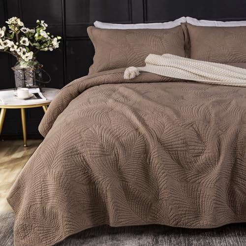 Qucover Cotton Quilted Bedspread Set | Super King Palm Leaf Embroidery
