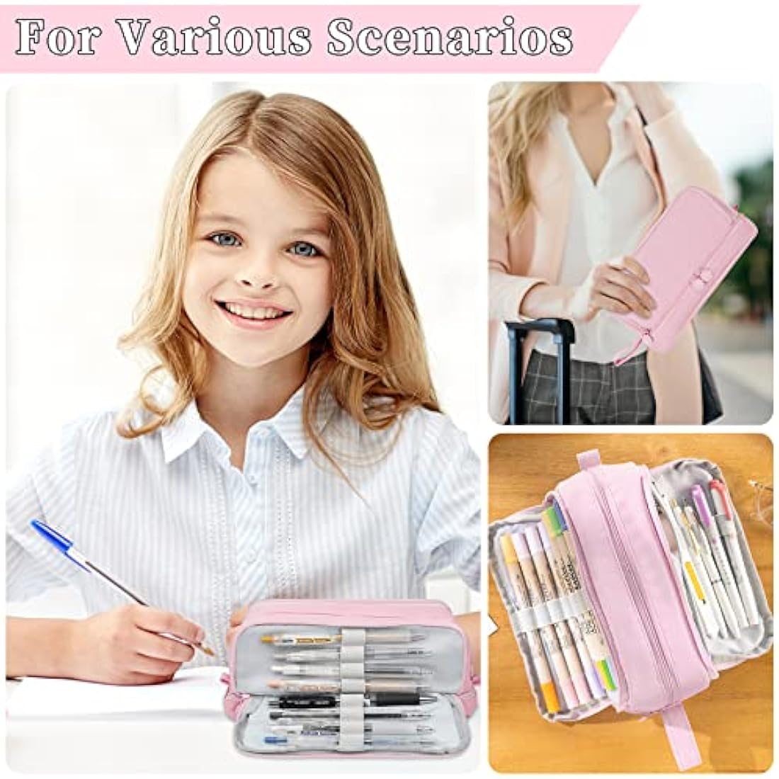 Tesmien Large Pencil Case | 4-Compartment Canvas Stationery Bag - Pink