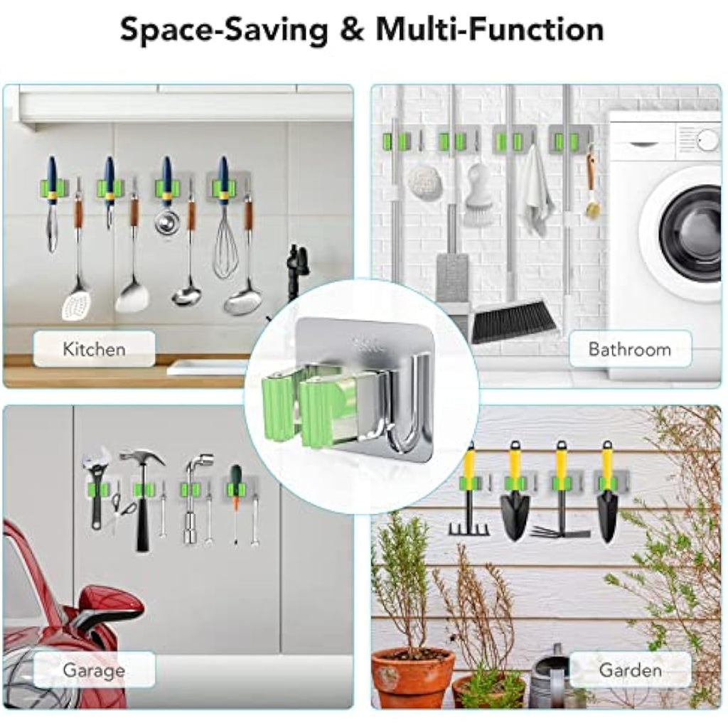 Homeasy Mop and Broom Holder – 4 Pcs Stainless Steel Wall Mount (Green)