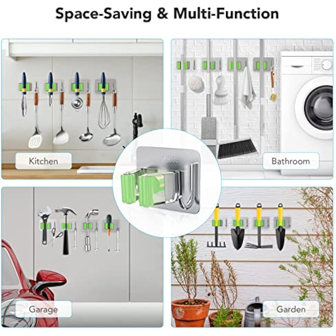 Homeasy Mop and Broom Holder – 4 Pcs Stainless Steel Wall Mount (Green)
