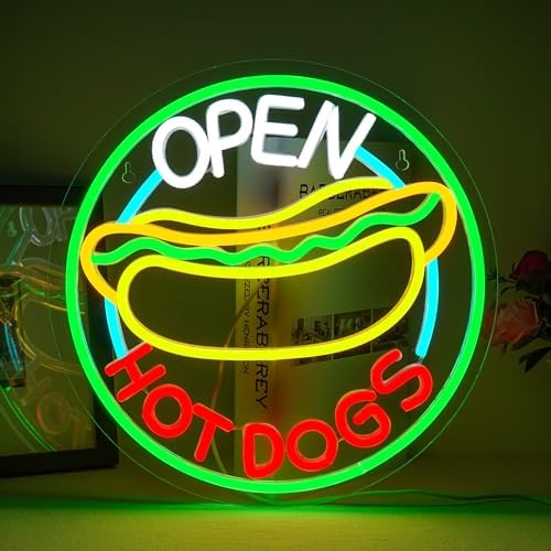 Ineonlife Open Hot Dogs Neon Sign | Dimmable LED Wall Decor for Restaurants