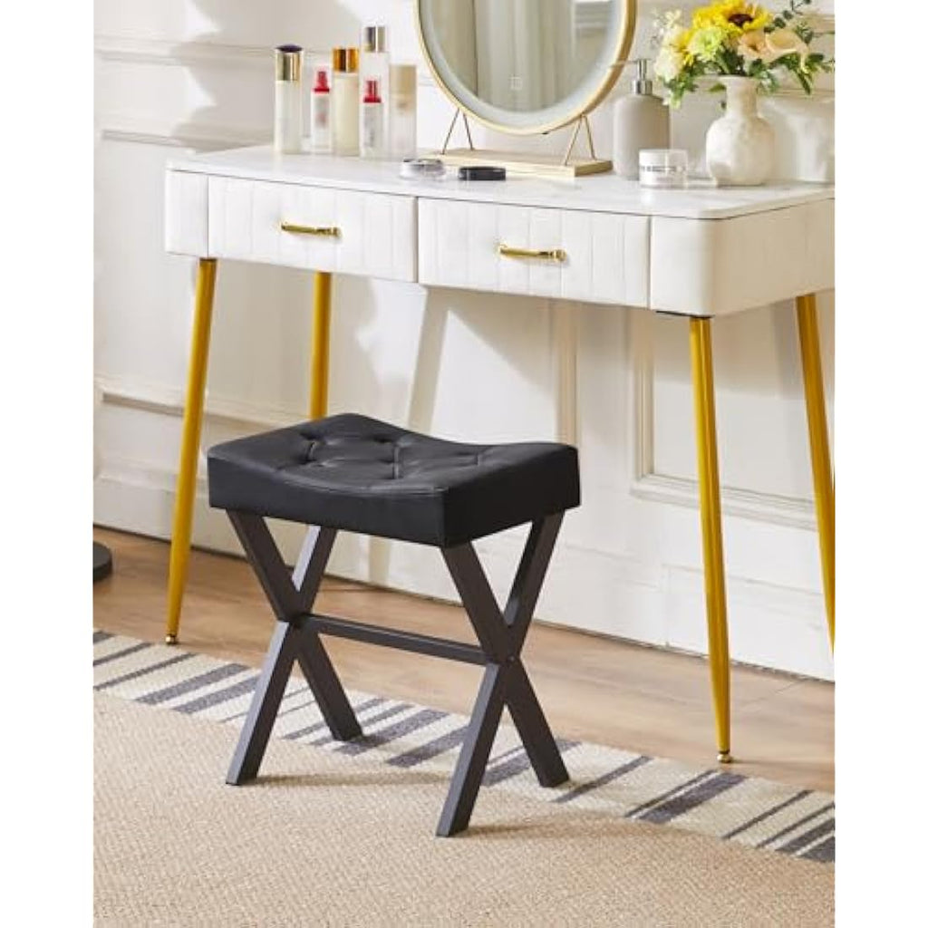 IBUYKE U-Shaped PU Leather Vanity Stool - Black X-Leg Makeup Ottoman