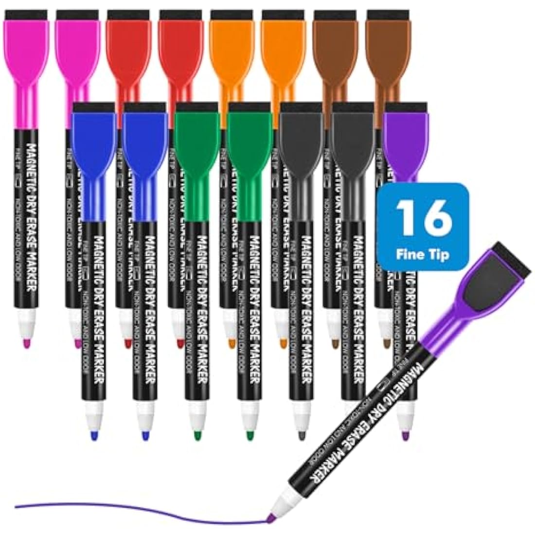 Maxtek Magnetic Whiteboard Markers – 12 Assorted Colors Fine Tip Pens