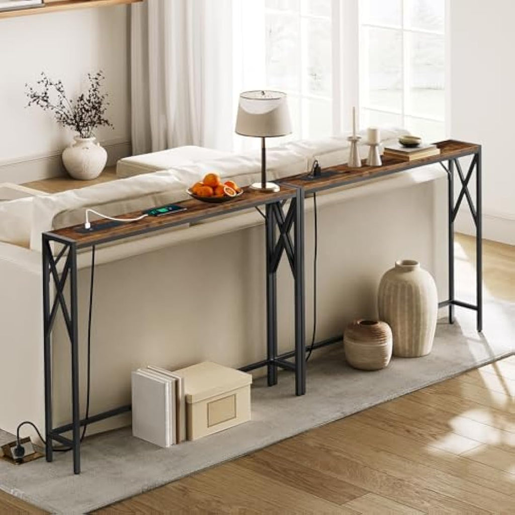 MAHANCRIS 2-Pack Console Table with Charging Station - Rustic Brown