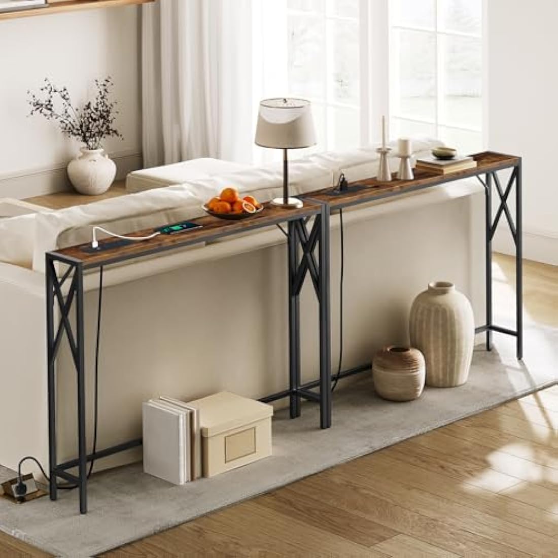 MAHANCRIS 2-Pack Console Table with Charging Station - Rustic Brown