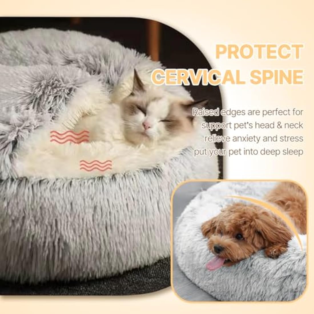 Calming Dog Bed – Fluffy Anti-Anxiety Plush Cave, Grey