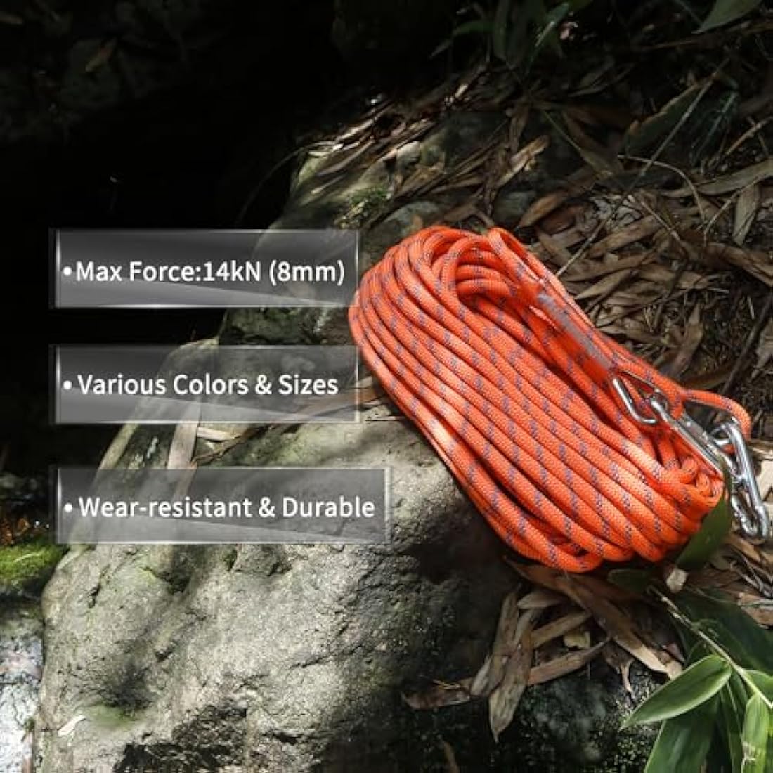 NewDoar 8mm Static Climbing Rope – 14kN Polyester Safety Cord with Carabiners