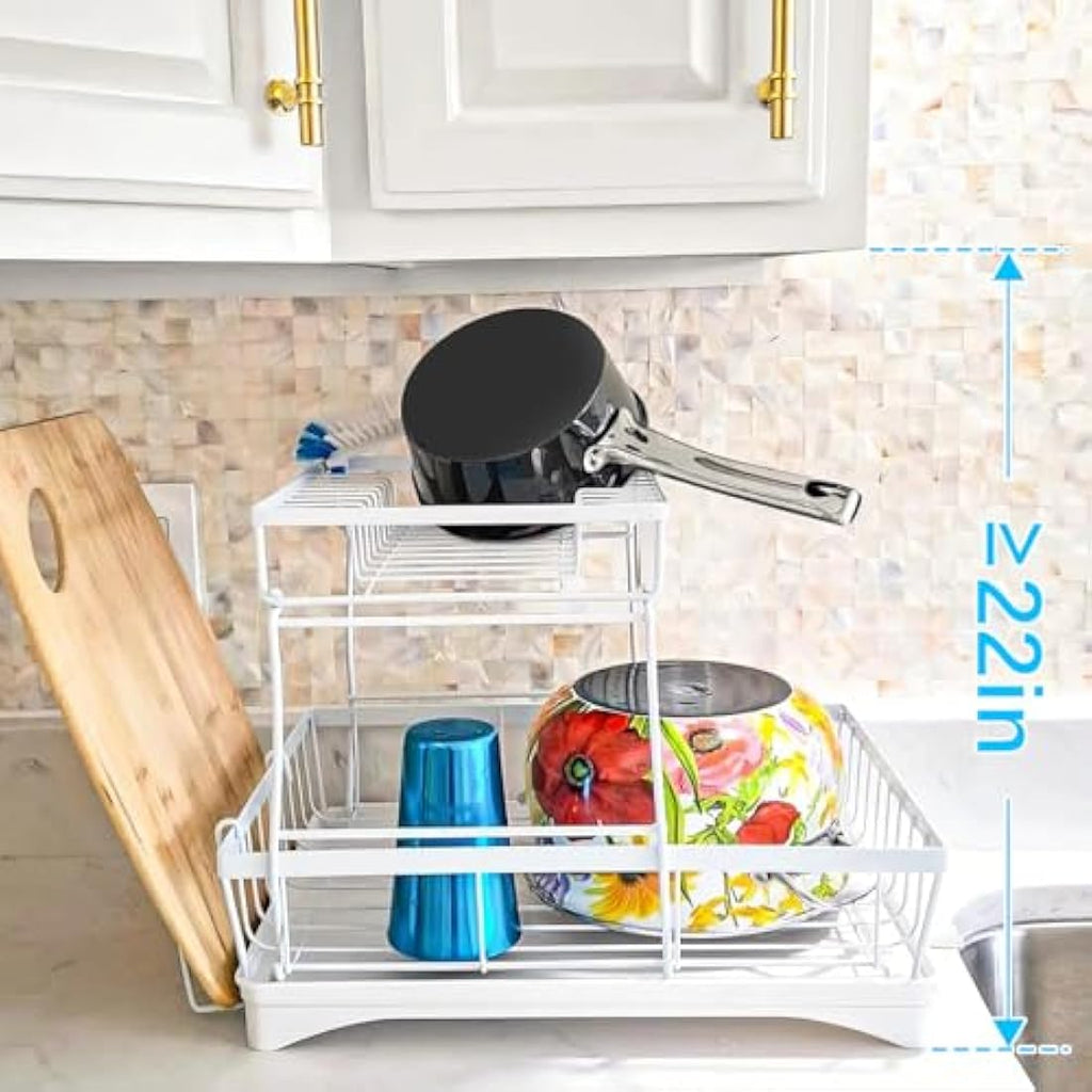 2-Tier Dish Drying Rack – Rustproof Carbon Steel Drainer, White
