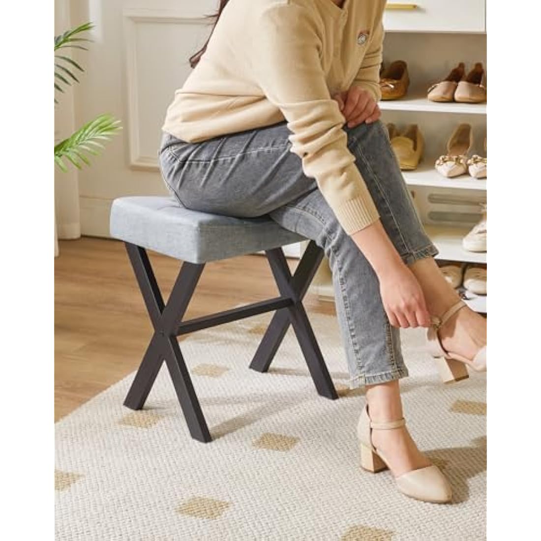 IBUYKE U-Shaped Linen Vanity Stool – Blue Gray Square Makeup Ottoman