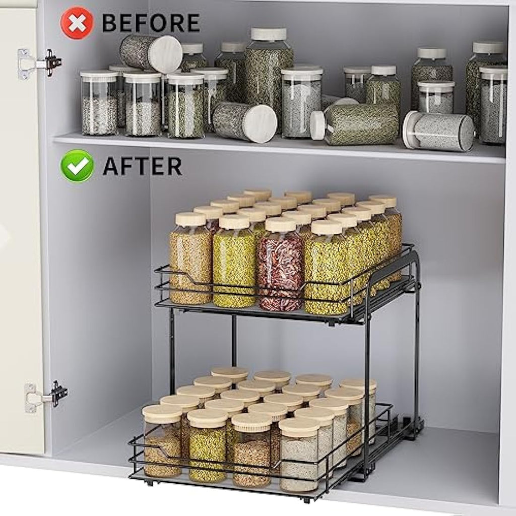 Pull Out Spice Rack – 2-Tier Adjustable Metal Cabinet Organizer