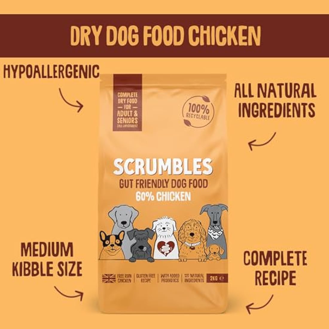 Scrumbles Fresh Chicken Dry Dog Food - Hypoallergenic & Probiotic, 2kg