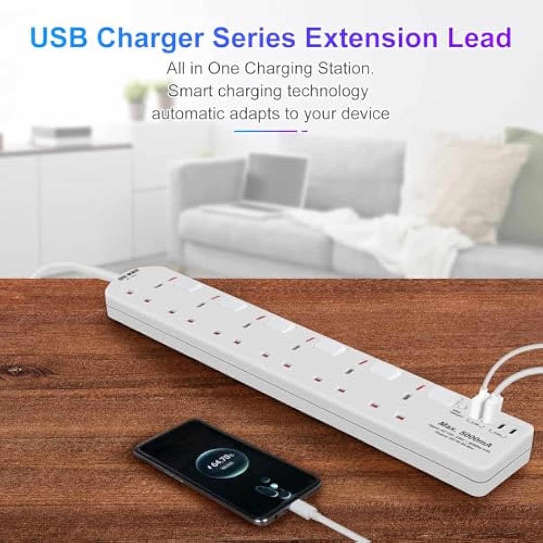 SE UKASE 6 Way Extension Lead with USB & Type C | 2M Wall Mount Power Strip