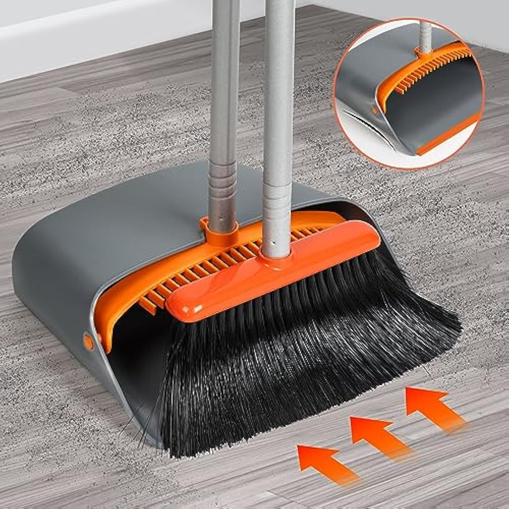 Long Handled Broom and Dustpan Set | 54" Upright Sweeping - Orange