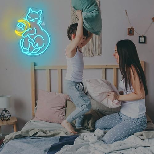 Horseneon Cat and Moon Neon Sign | Dimmable LED Wall Decor for Bedroom