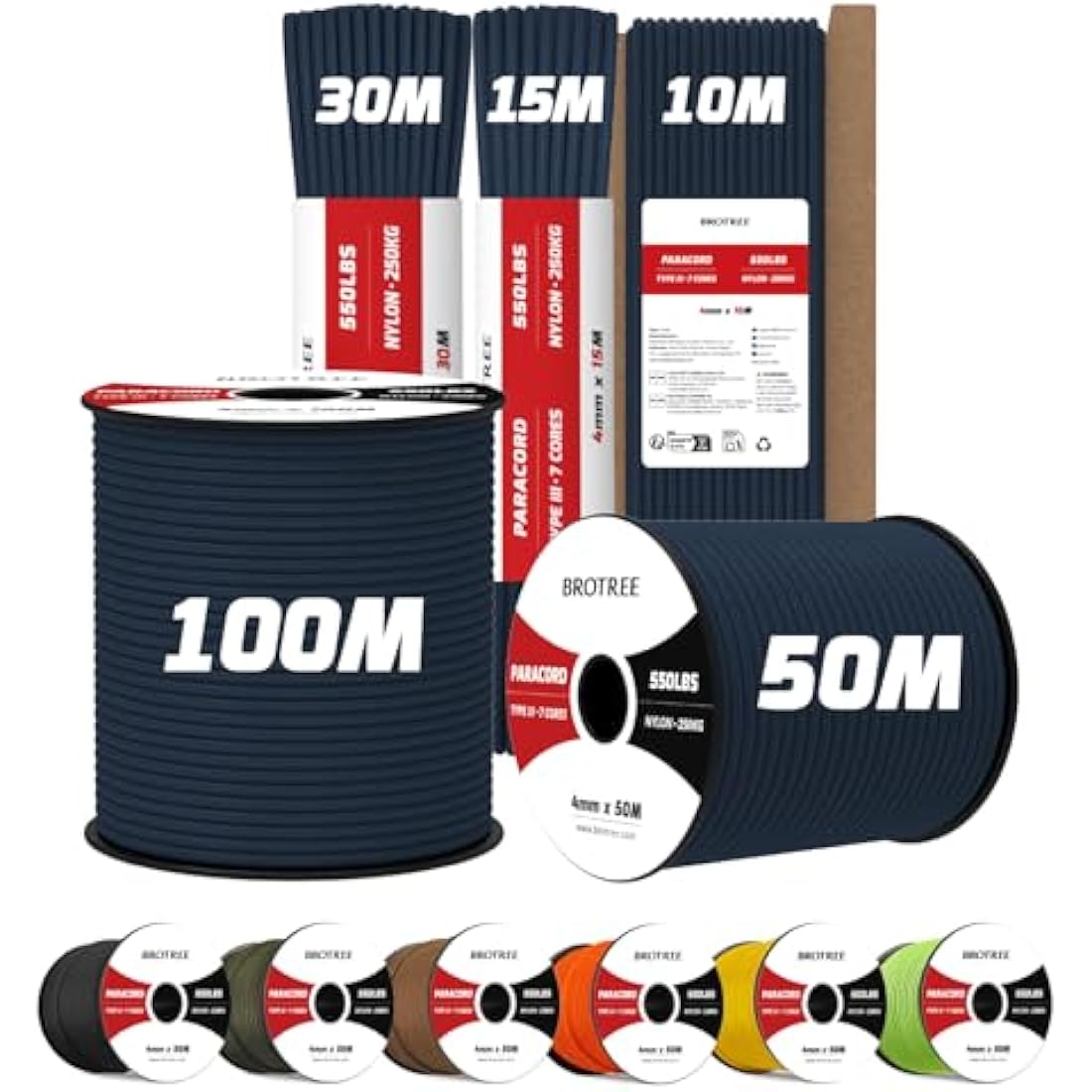 Brotree 550 Paracord – 100% Nylon 7 Strand Type III Rope, 100M Navy Blue