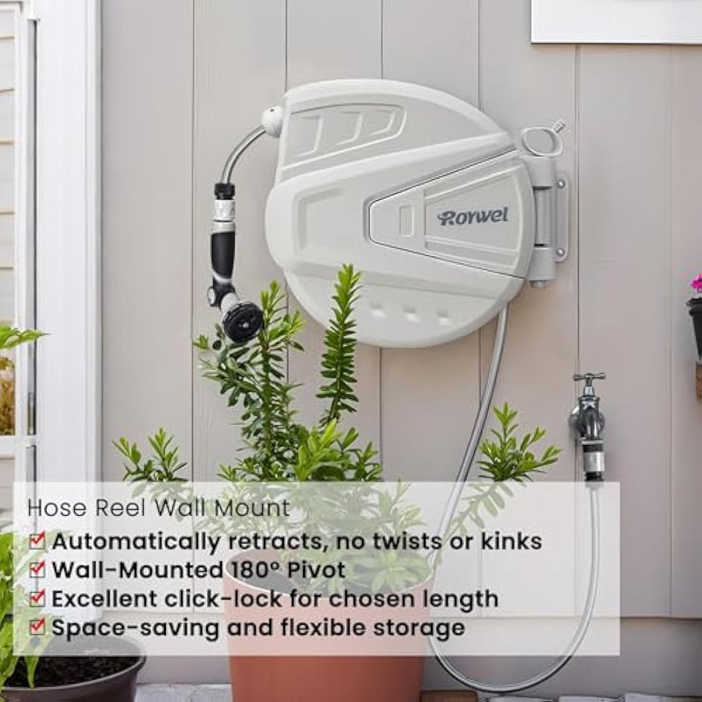 Roywel 30M Auto Reel Garden Hose – Wall Mounted Retractable Hose Reel