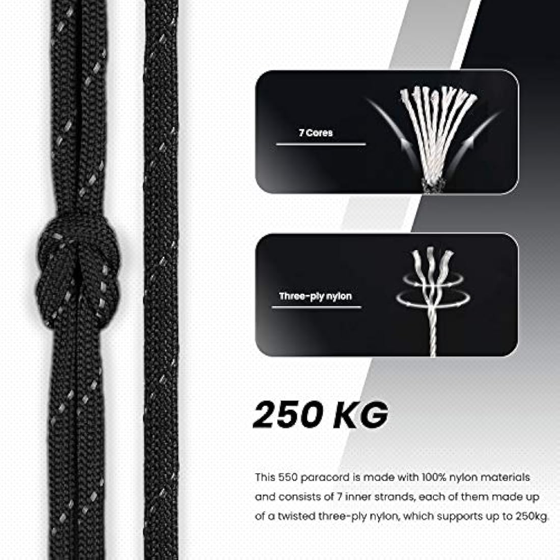 Abma Cord 550 Paracord – 100% Nylon 7-Strand Rope, Reflective Black
